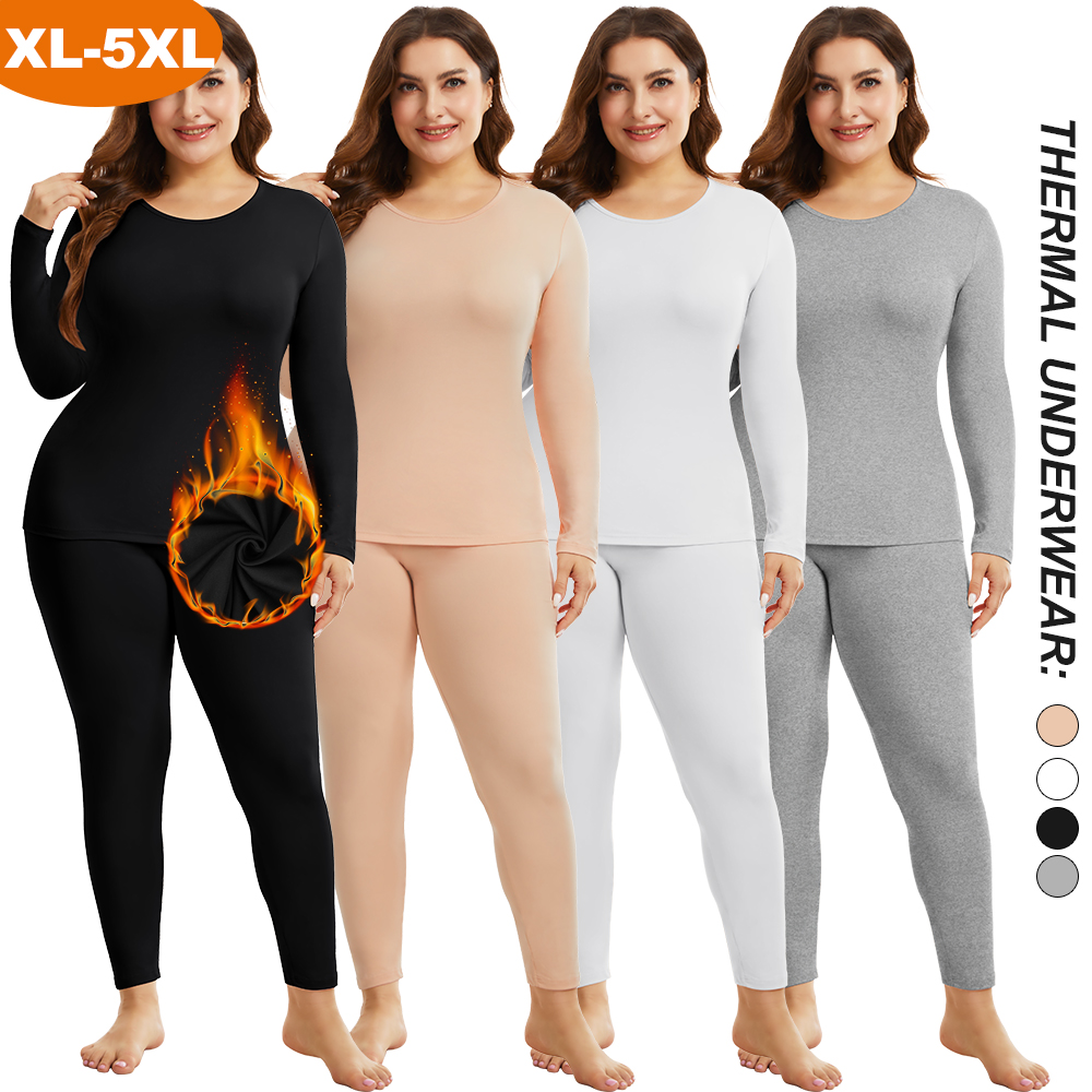 Thermal Long John - ชุดชั้นในกันหนาวไซส์ใหญ่สำหรับผู้หญิง ชุดลองจอนเซ็กซี่ ชุดกระชับสัดส่วน คอปก แขนยาว เสื้อผ้ารัดรูป