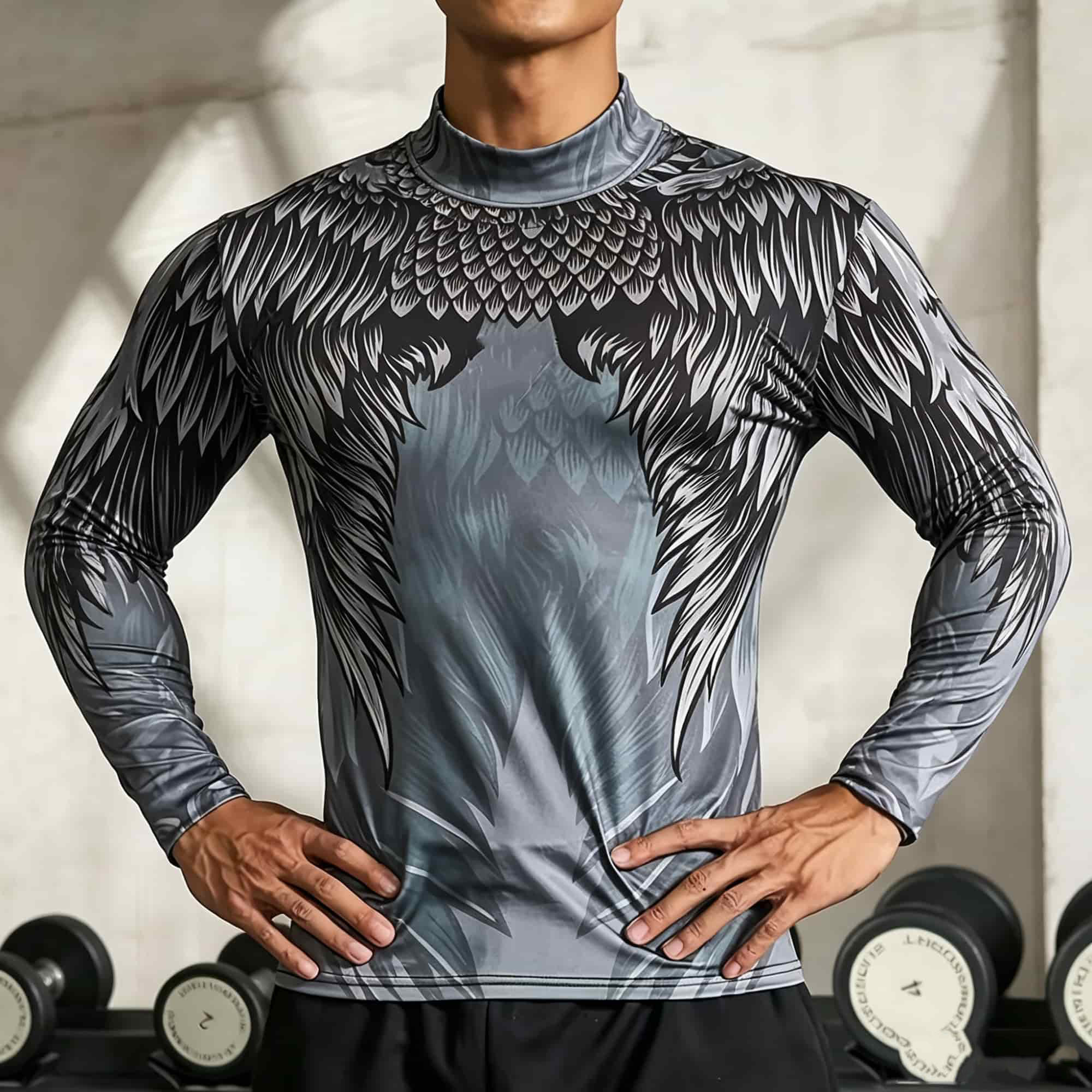 Base Layer Top - เสื้อแขนยาวสำหรับผู้ชาย คอเต่า ลายปีกนกอินทรี พิมพ์ลายศิลปะ ผ้ายืดหยุ่น ระบายอากาศดี